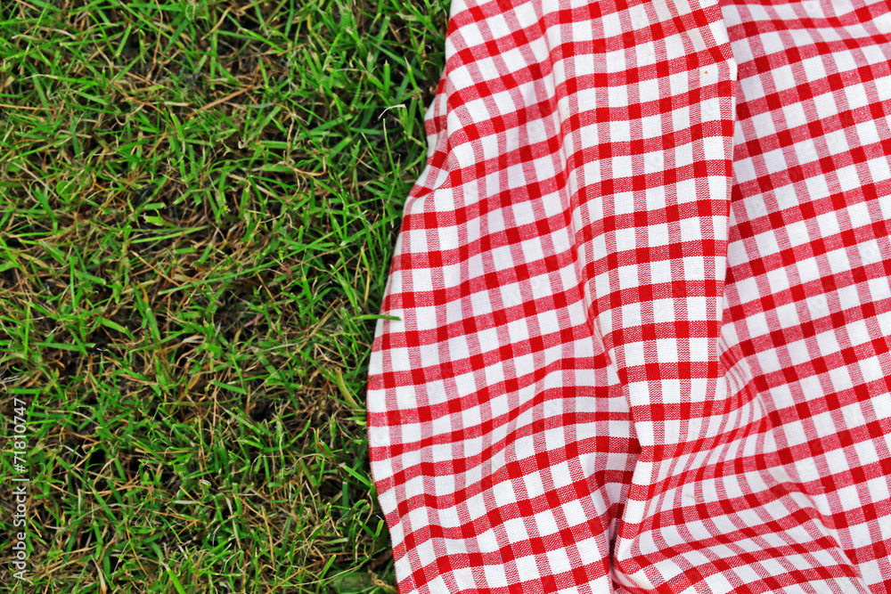 checkered plaid for picnic on green grass Photos | Adobe Stock