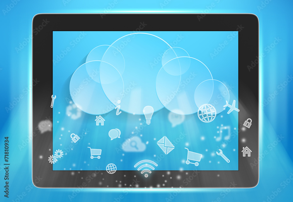 on the screen of tablet cloud and icons. on the screen of tablet cloud and icons.