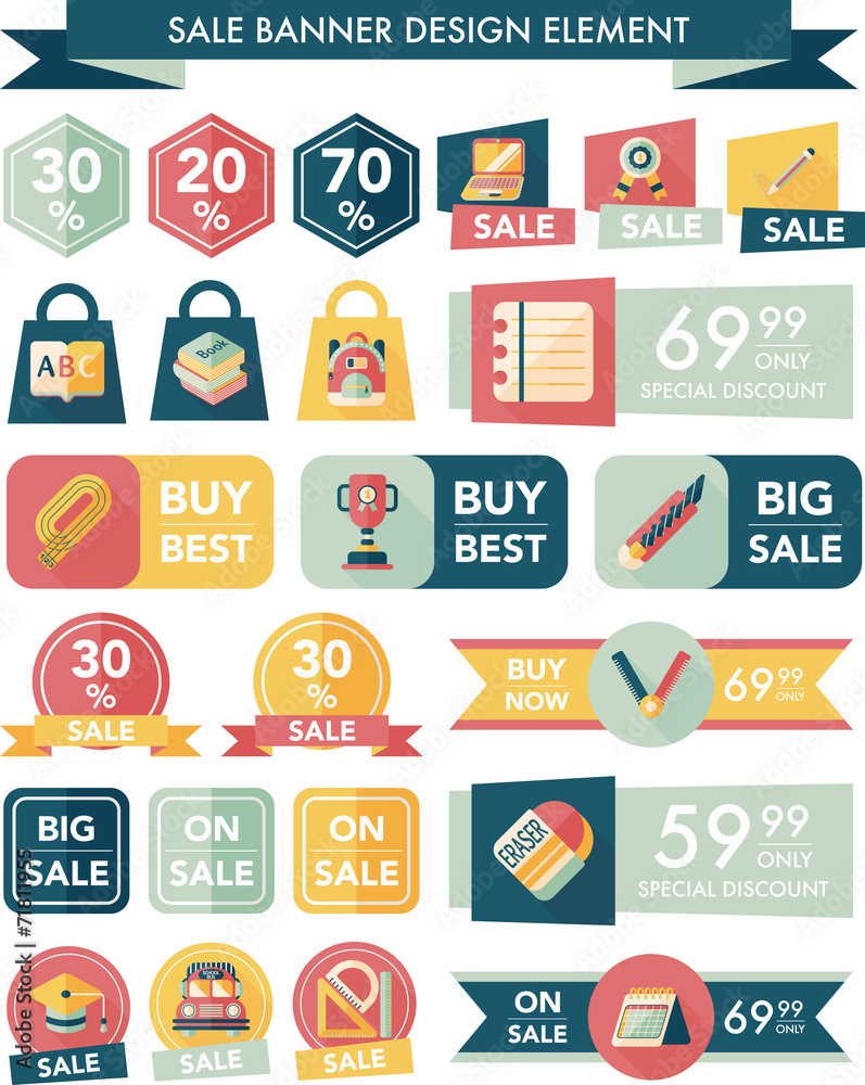 School sale banner design flat background set, eps10