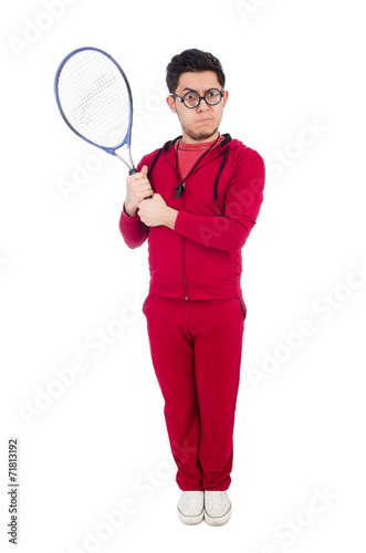 Funny tennis player isolated on white © Elnur