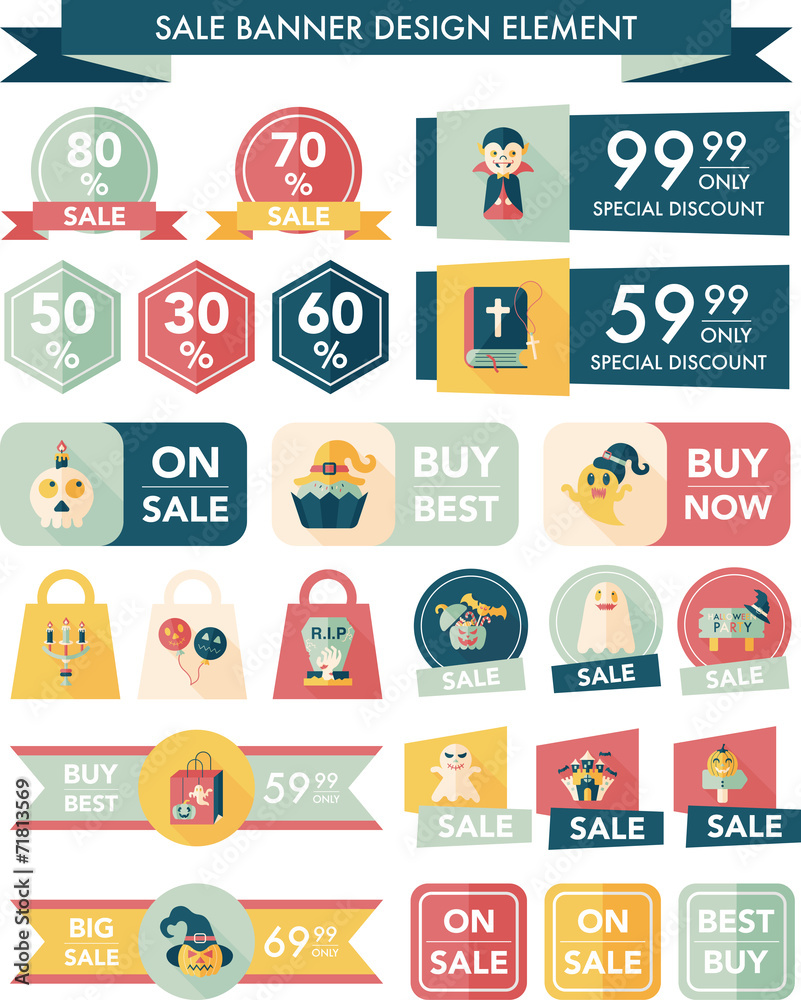 Halloween sale banner design flat background set, eps10 Halloween sale banner design flat background set, eps10