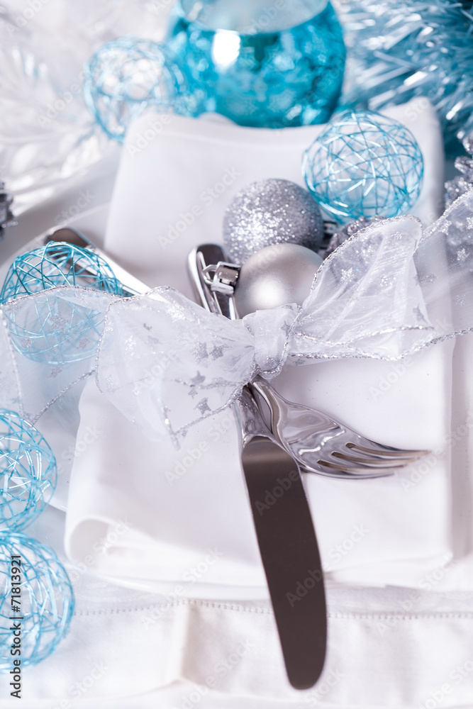 Stylish blue and silver Christmas table setting Stylish blue and silver Christmas table setting