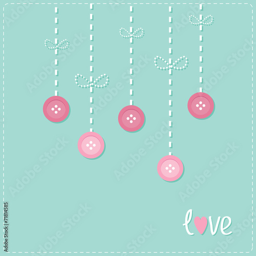 Hanging rain button drops. Dash line Love card Flat design