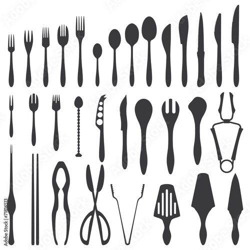 vector various dining cutlery grey silhouette set
