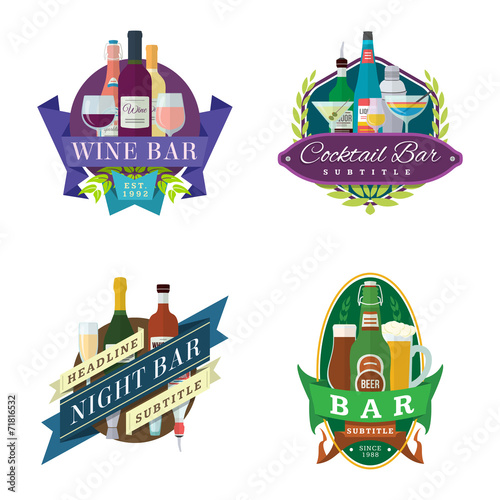 vector wine beer cocktail bar logo labels badges set