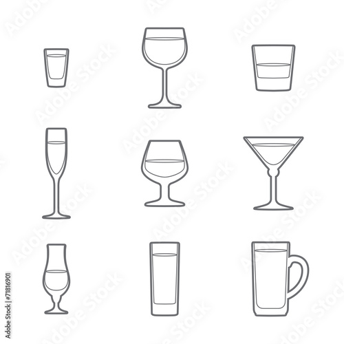 vector grey outline alcohol glasses icon set