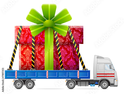 Road transportation of gift box. Big gift in back of truck