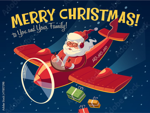 Santa on the plane. Christmas card
