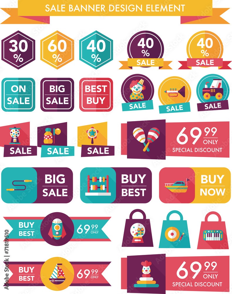 Toy sale banner design flat background set, eps10