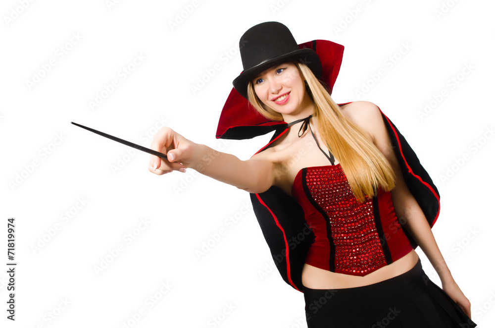 Woman magician with magic wand on white Woman magician with magic wand on white