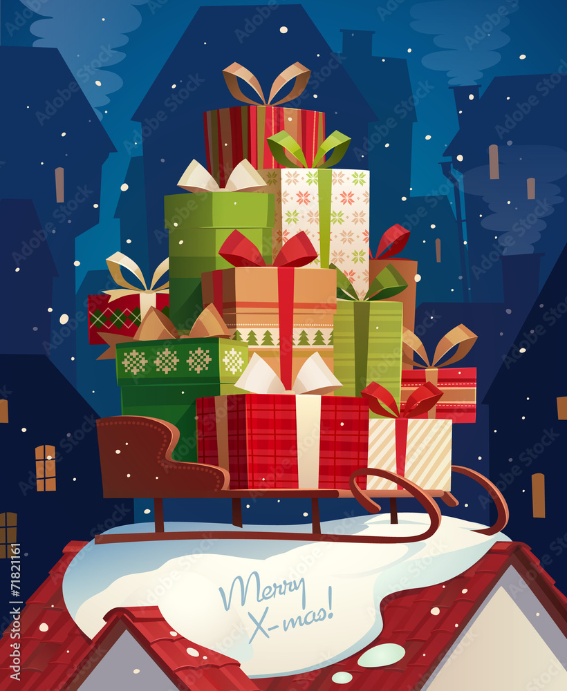 Sleigh and gifts. Christmas card Sleigh and gifts. Christmas card