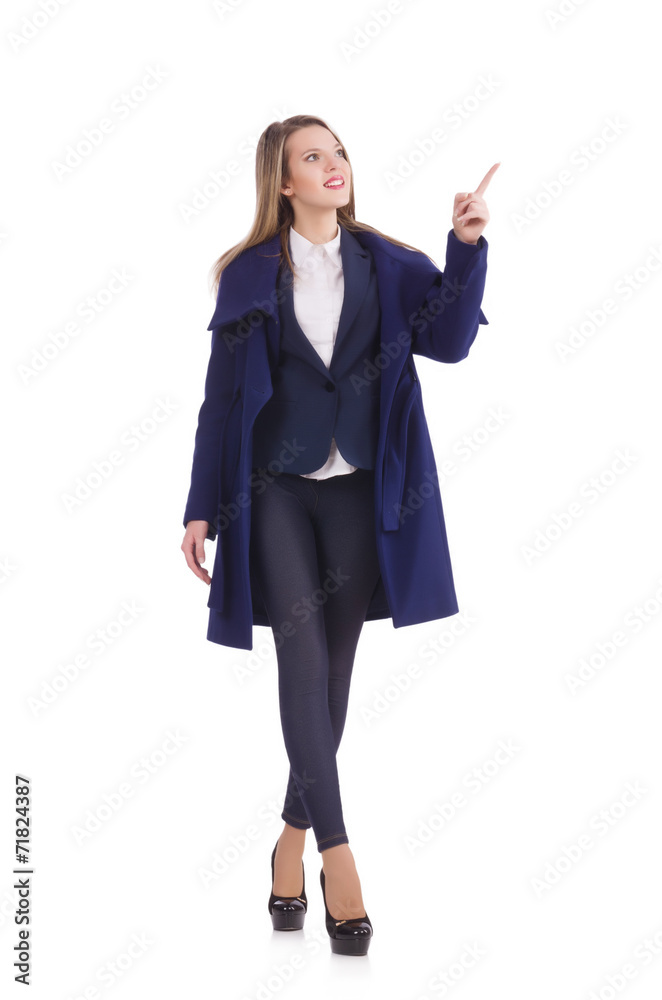 Woman pressing virtual button isolated on white Woman pressing virtual button isolated on white