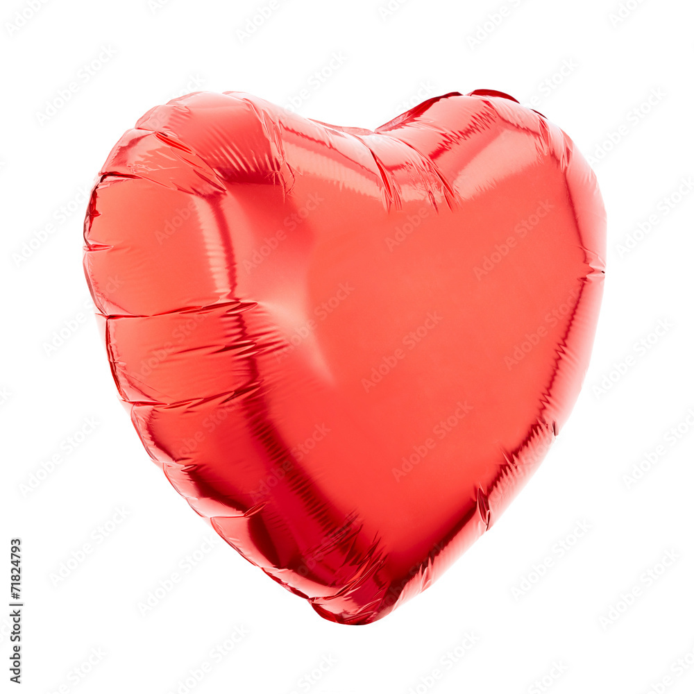 Red heart foil balloon on white, clipping path - obrazy, fototapety, plakaty 