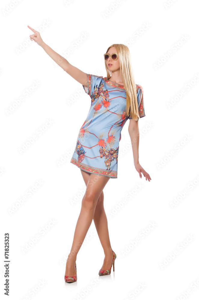 Woman pressing virtual button isolated on white Woman pressing virtual button isolated on white
