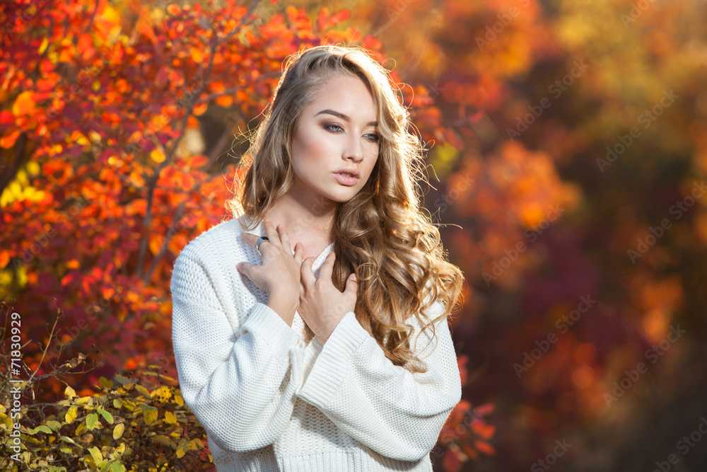 Young woman with autumn leaves fall yellow garden background Young woman with autumn leaves fall yellow garden background