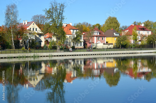 Kaliningrad. Panorama of the autumn embankment of the Grain lake