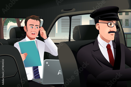 Businessman talking on the phone in a car