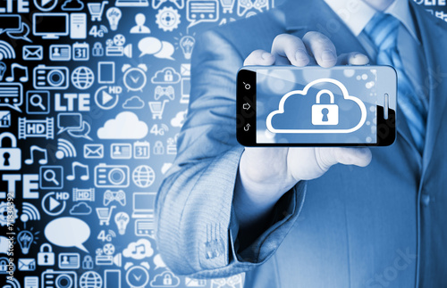 Man holds smart phone with cloud security concept