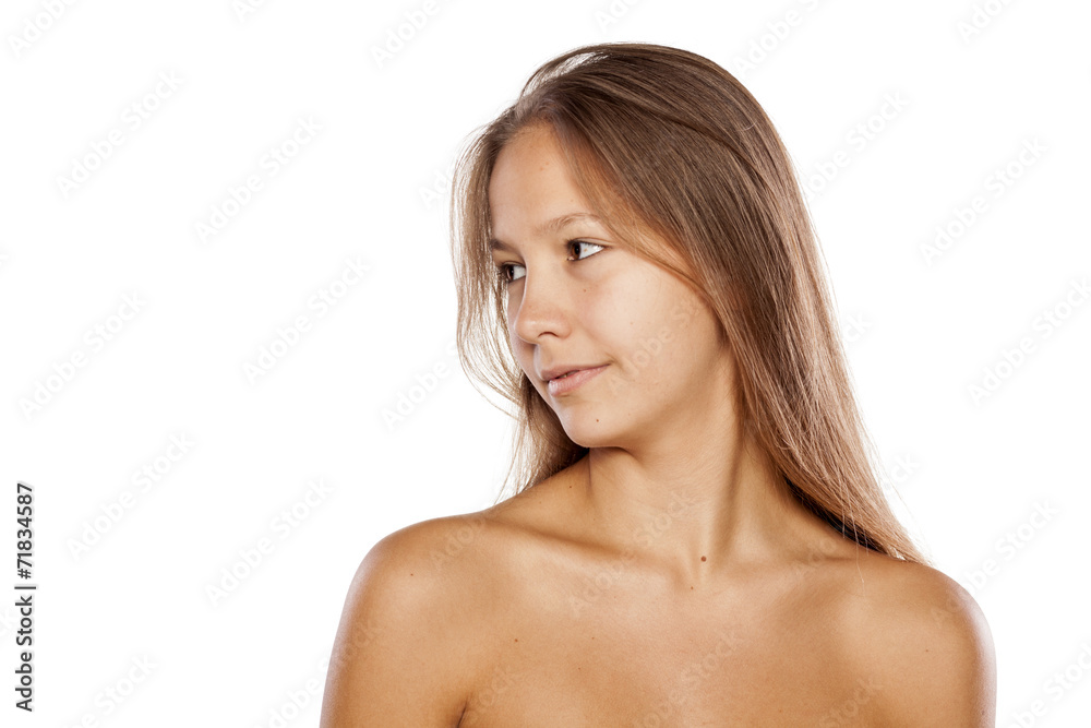 beautiful girl with long hair and no makeup look to the side beautiful girl with long hair and no makeup look to the side