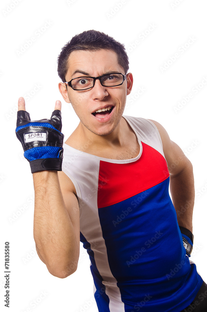 Funny man exercising on white Funny man exercising on white