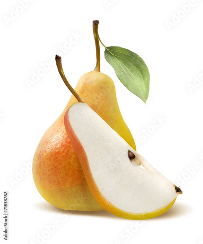 Fresh yellow pear and quarter isolated on white background