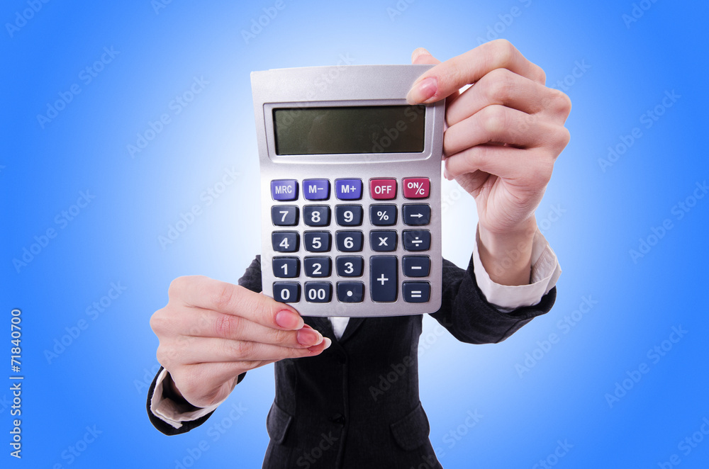 Funny accountant with calculator on white Funny accountant with calculator on white