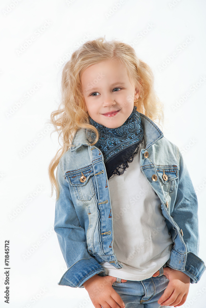 Little fashionista posing in denim suit Little fashionista posing in denim suit