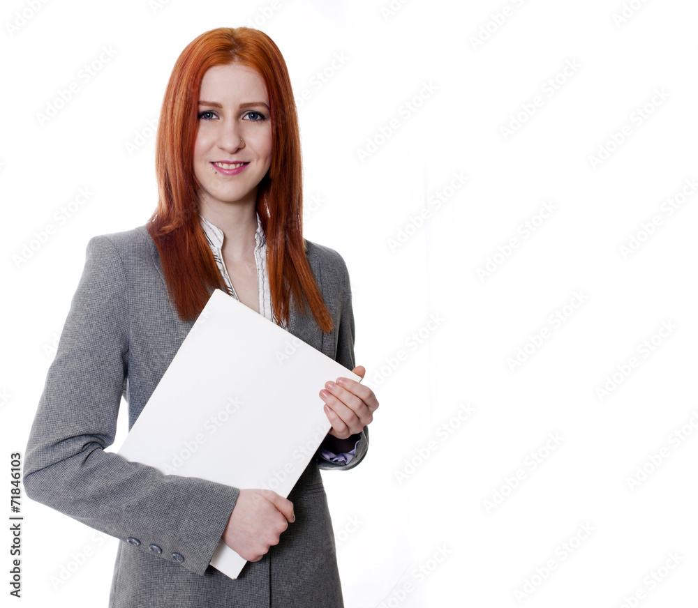 Young business woman on white background holding white folder Young business woman on white background holding white folder