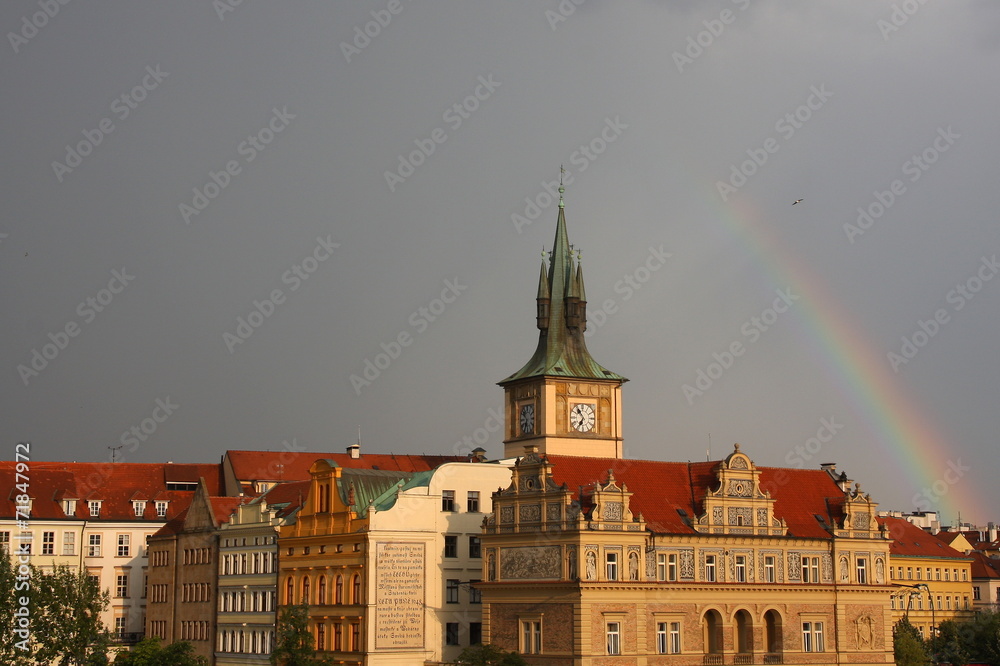 Obraz premium Part of old city Prague with rainbow