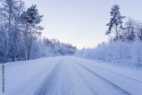 Winter forest with road covered with snow
