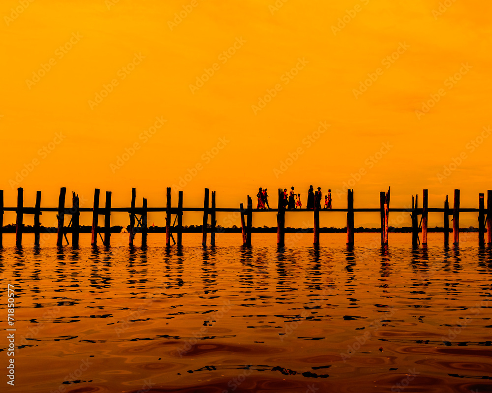U bein bridge at Taungthaman lake in the sunset, Myanmar