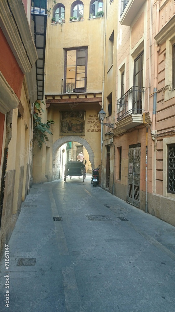 Calle antigua con coche de caballos