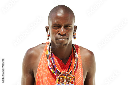 Portrait of young warrior massai man isolated on white backgroun photo