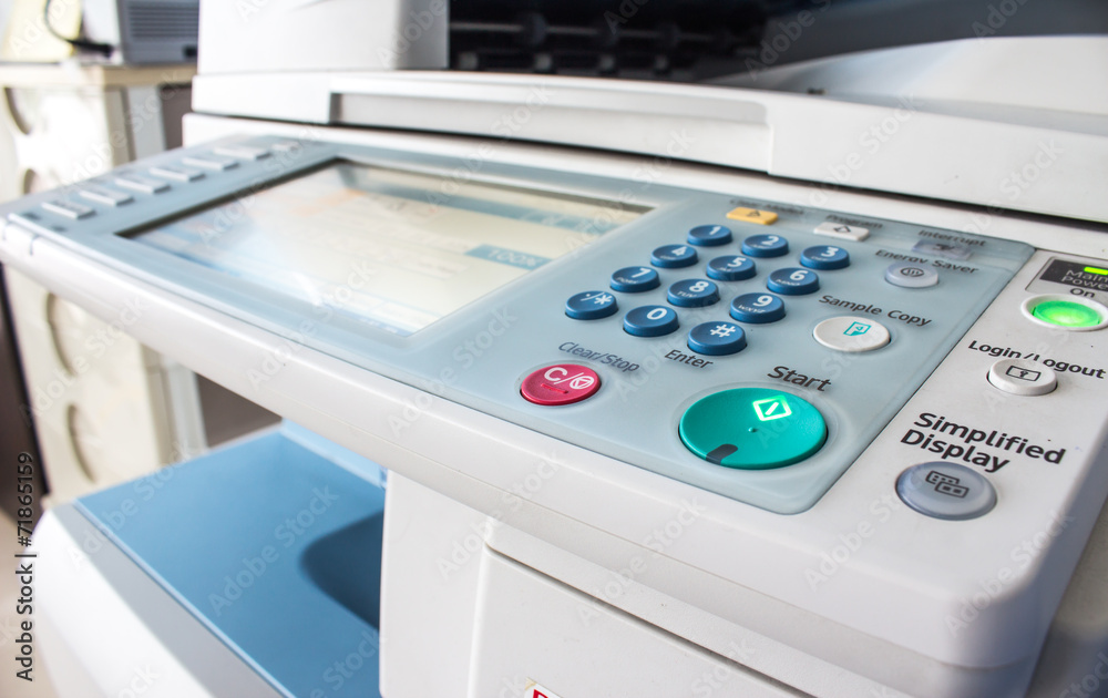 Office life, fax, copy machine, start button close up Office life, fax, copy machine, start button close up