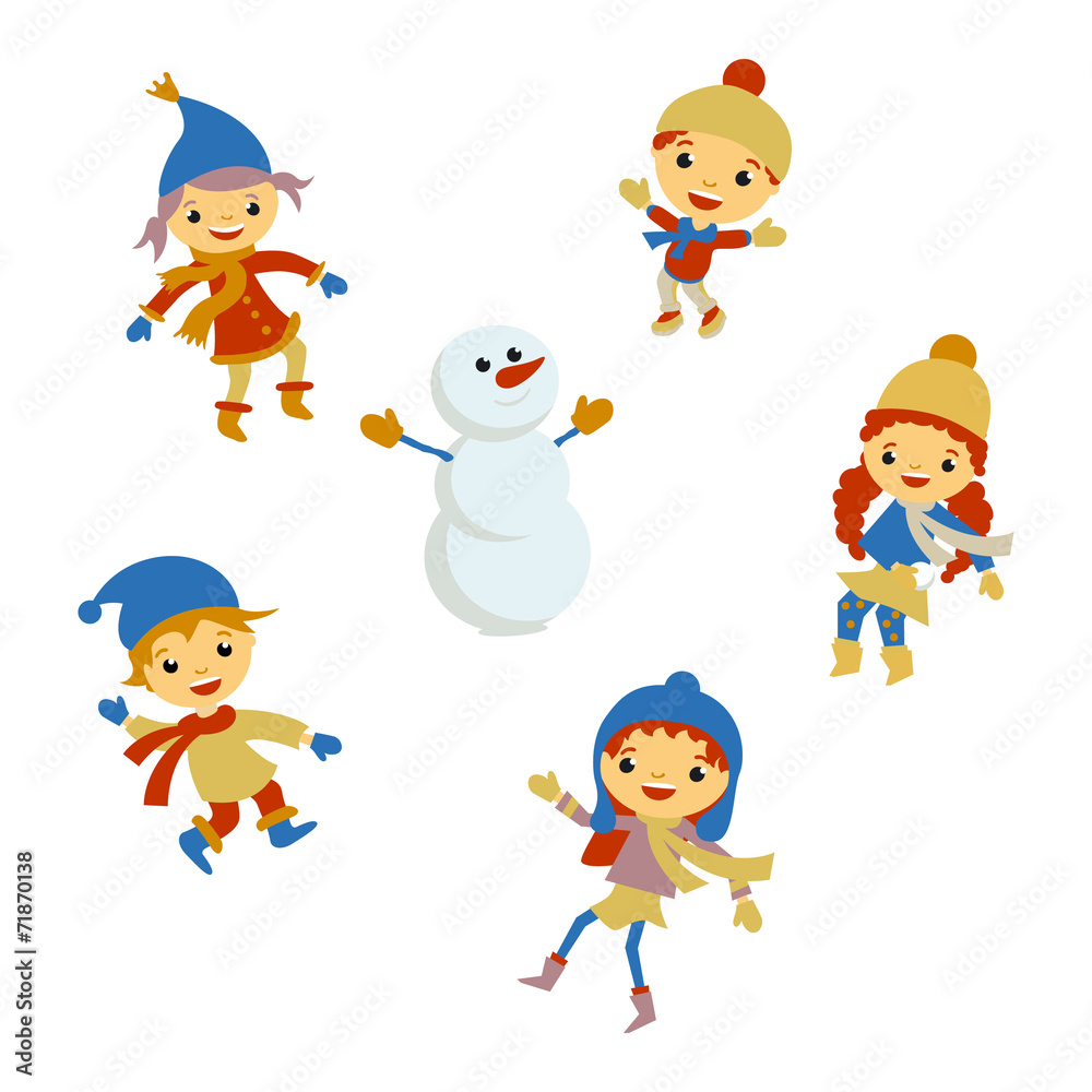 Winter Little kids snowman children vector set Winter Little kids snowman children vector set