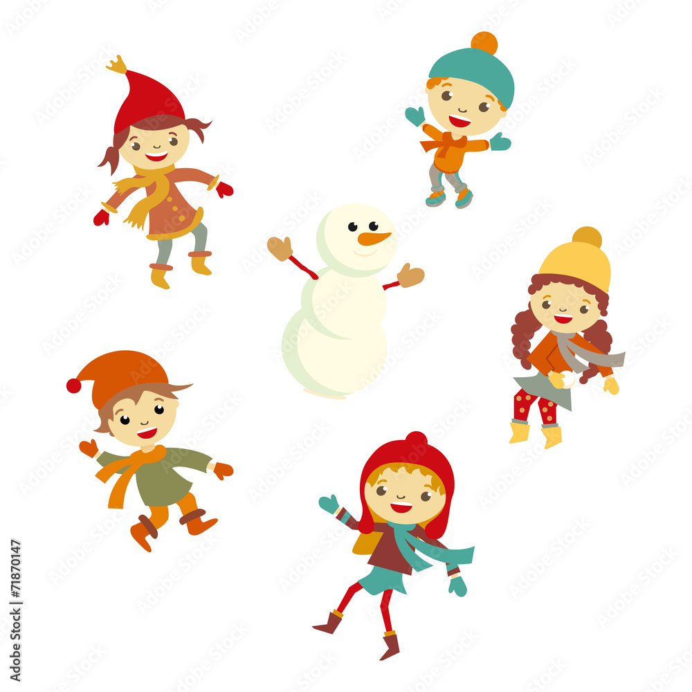 Winter Little kids snowman children vector set Winter Little kids snowman children vector set