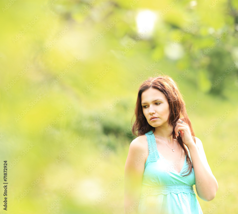 Face young beautiful girl short hair summer park Face young beautiful girl short hair summer park