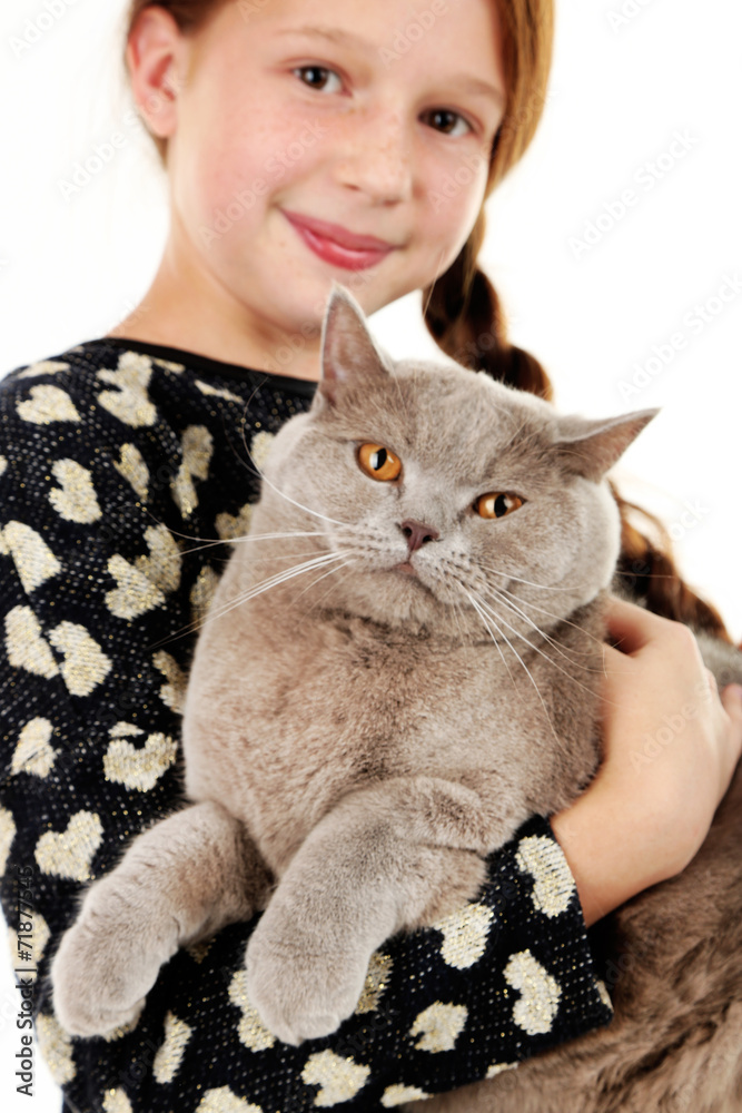 Beautiful little girl with cat close up Beautiful little girl with cat close up
