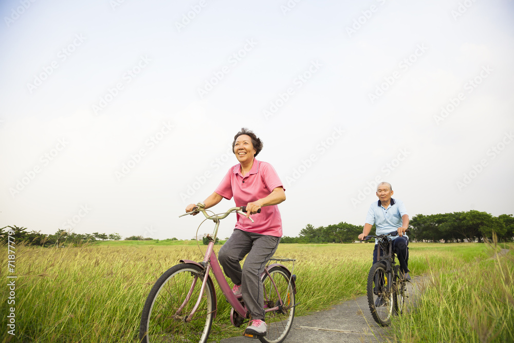 Happy Asian elderly seniors couple biking in the park with blue Happy Asian elderly seniors couple biking in the park with blue