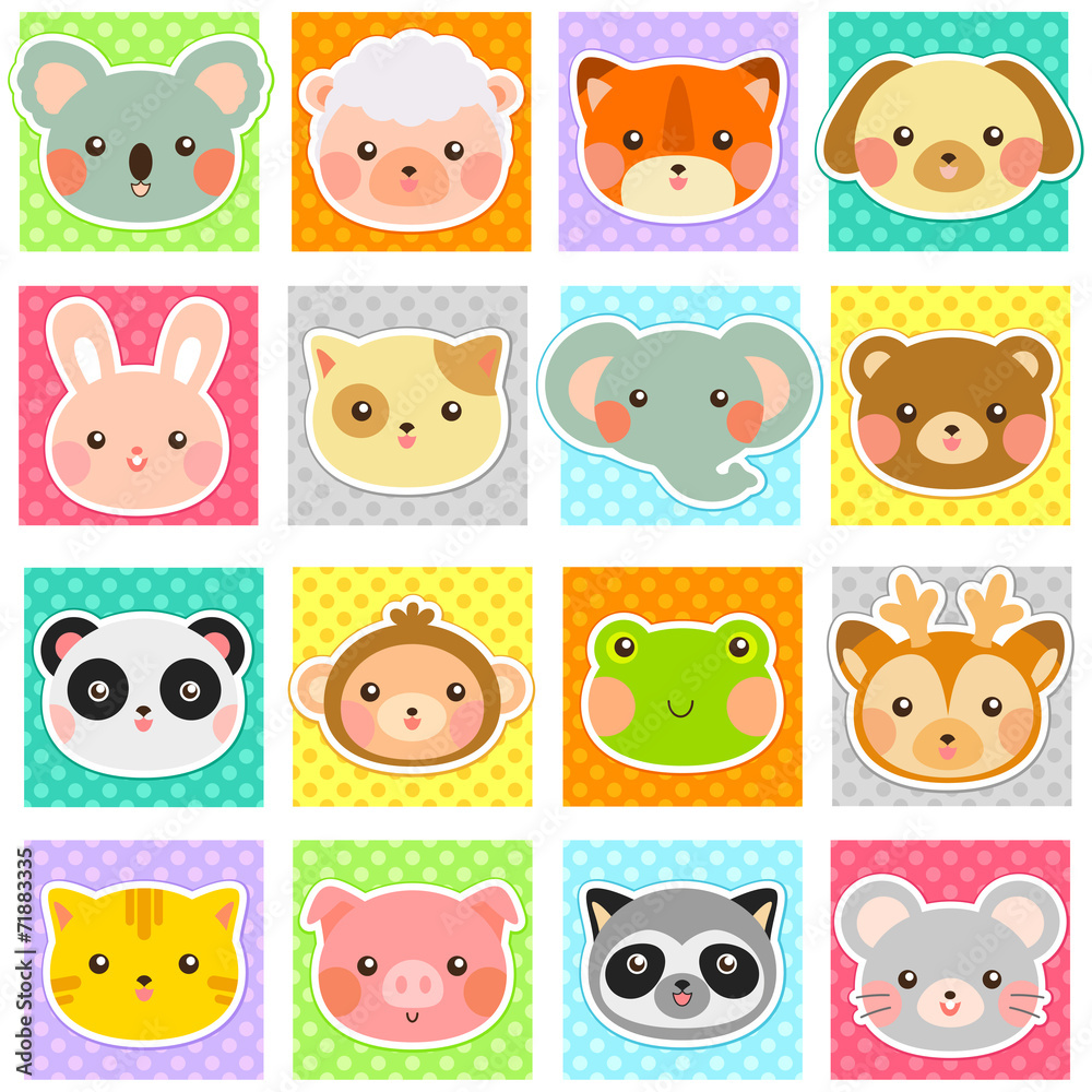 Fototapeta premium collection of cute animals over polka dotted swatches