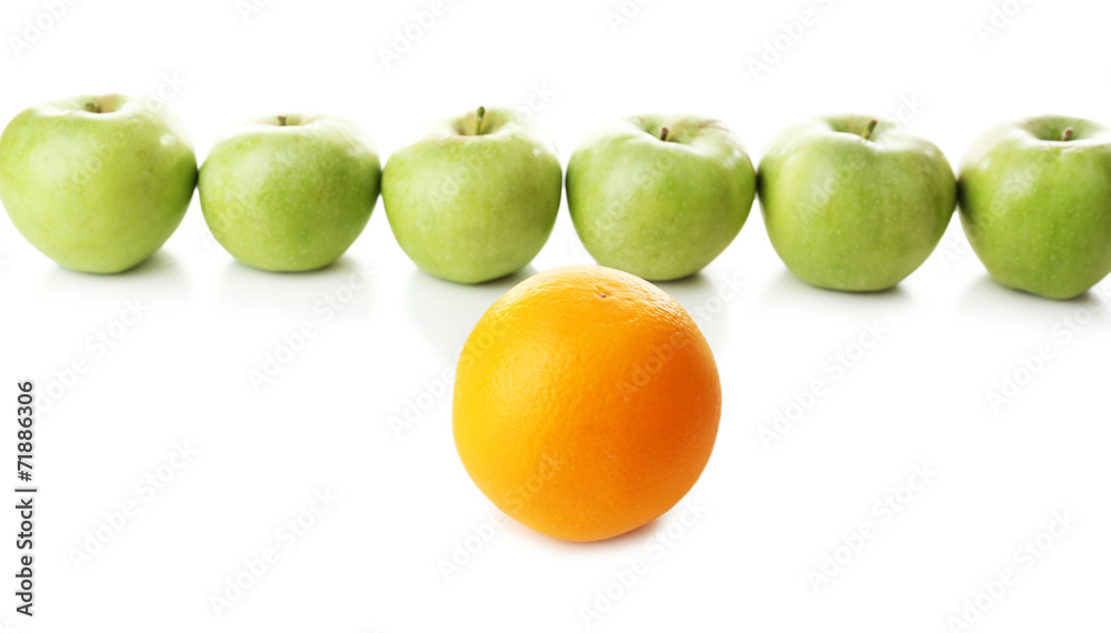 Juicy apples and orange, isolated on white Juicy apples and orange, isolated on white