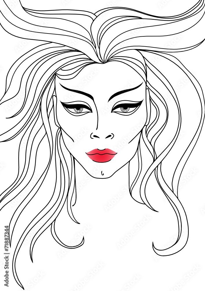 Vector closeup portrait of woman with red lips and long hair Vector closeup portrait of woman with red lips and long hair