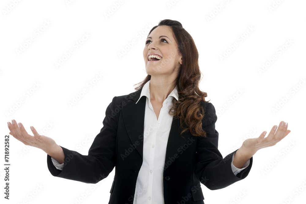Woman leader, manager makes the workout. hands up Woman leader, manager makes the workout. hands up