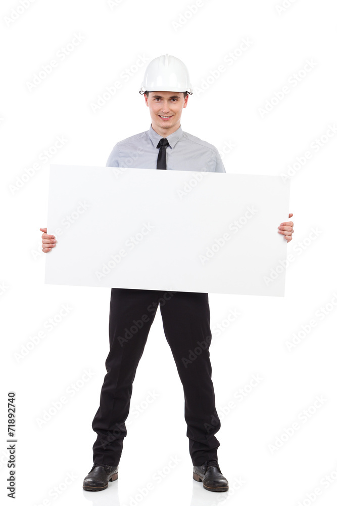 Engineer holding blank placard Engineer holding blank placard