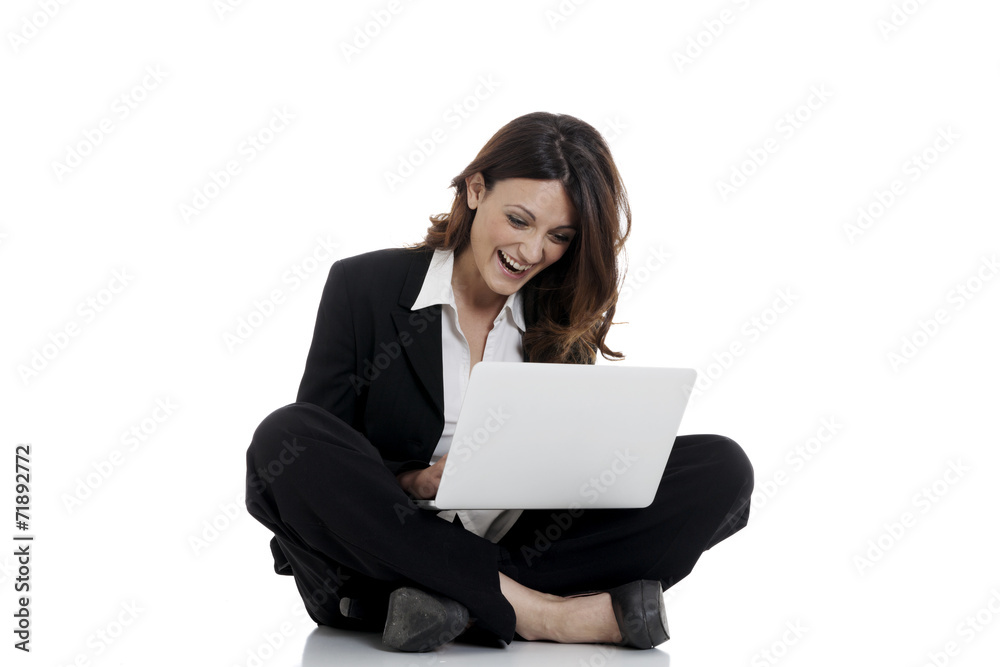 Excited woman with arms up winning online Excited woman with arms up winning online
