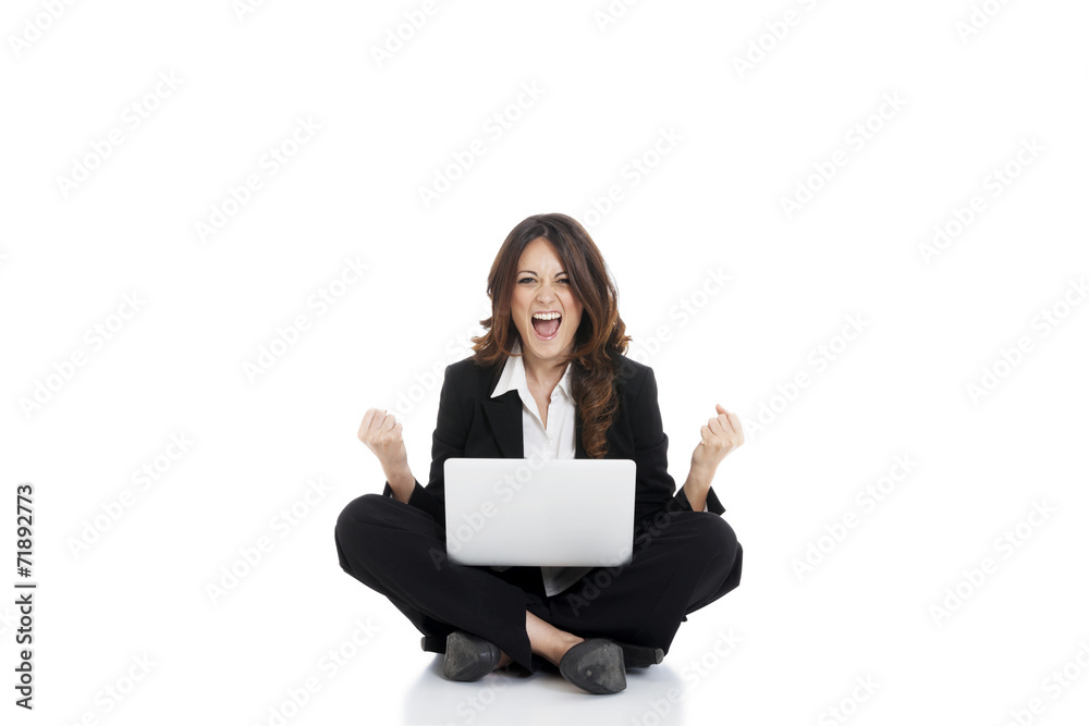 Excited woman with arms up winning online Excited woman with arms up winning online