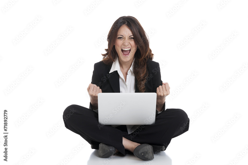 Excited woman with arms up winning online Excited woman with arms up winning online