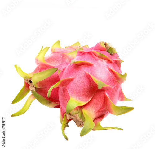 two of vibrant dragon fruit isolated white background