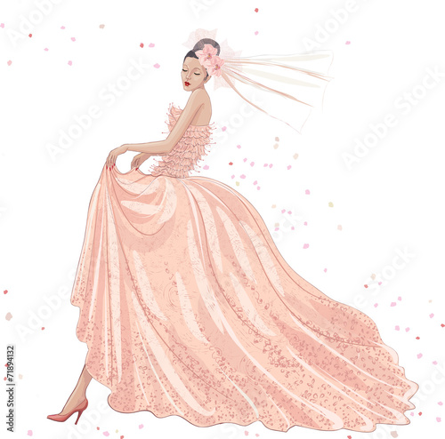 Young bride in pink dress on white background