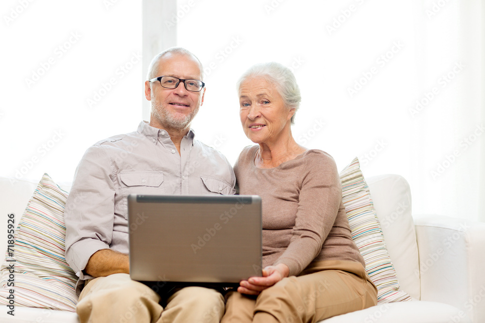 happy senior couple with laptop at home happy senior couple with laptop at home